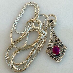 Vtg. Solid 925 Marcasite Pendant w Natural Ruby on a Solid Sterling Box Chain